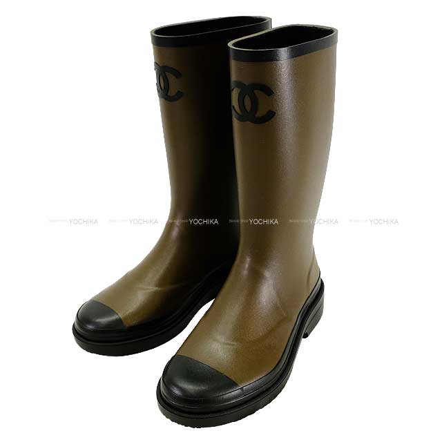 2024-2025 AW New CHANEL boots Ladies Long Rain Coco mark Kaki/Noir
