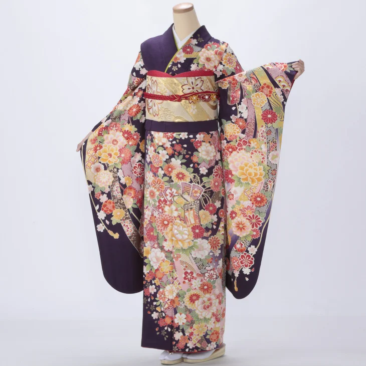f0718218r2】【紫系】振袖 レンタル フルセット Mサイズ 【状態:A