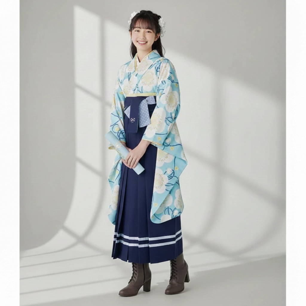 卒業式用 袴 着物セット pom ponette ブルー はな柄 ストライプ 卒業式用