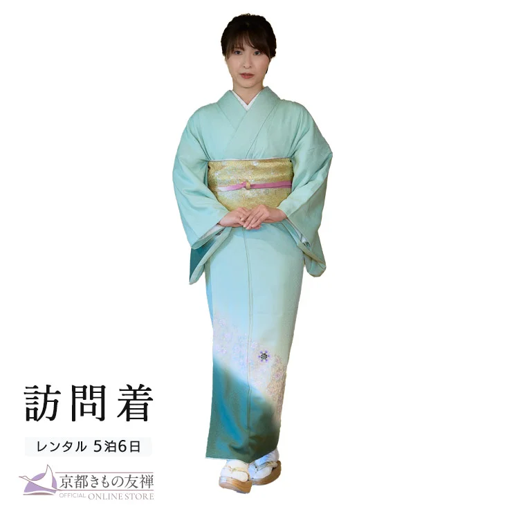 a2311901】【レンタル】訪問着 フルセット グリーン Mサイズ 正絹【5泊