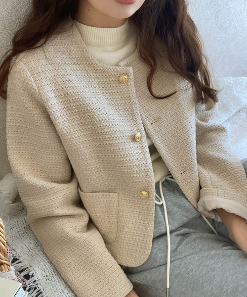 LAUIR（ラウアー） ジャケット ノーカラージャケット 金ボタンツイード