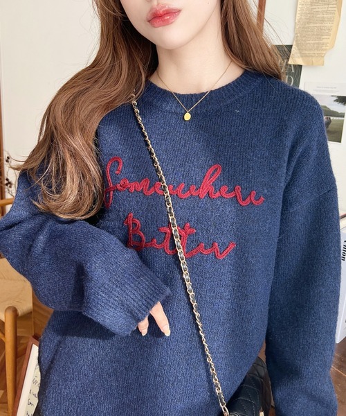 moment+ ニット セーター コードロゴ刺繍ニットプルオーバー