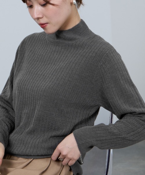 NAVY ニット セーター カシミヤタッチ リブハイネックニット