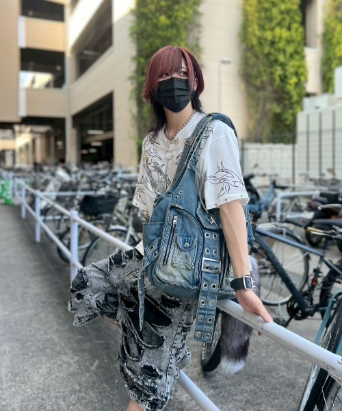 さとみ デニムショルダーバッグ ブラック スプレー LIME made in japan