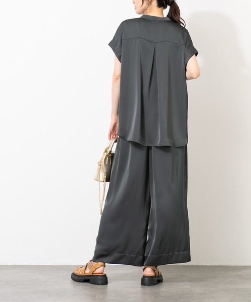 パンツ とろみサテンワイドパンツ｜ダブルサテン 美シルエット フレア