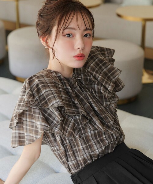 Tiaclasse ブラウス シャツ チェック柄フリルブラウス レディース