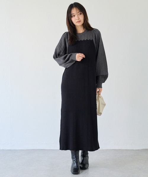 LAVEANGE（ラビアンジェ） ワンピース 「洗える」透かし編み切替ニット