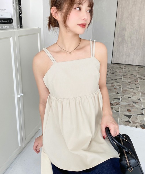 moment+ キャミソール リネンライクバックリボンWストラップキャミ