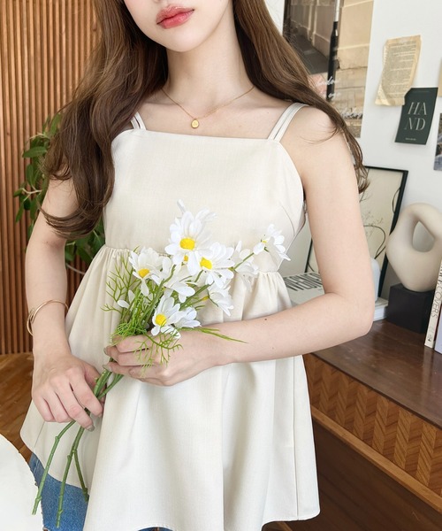 moment+ キャミソール リネンライクバックリボンWストラップキャミ