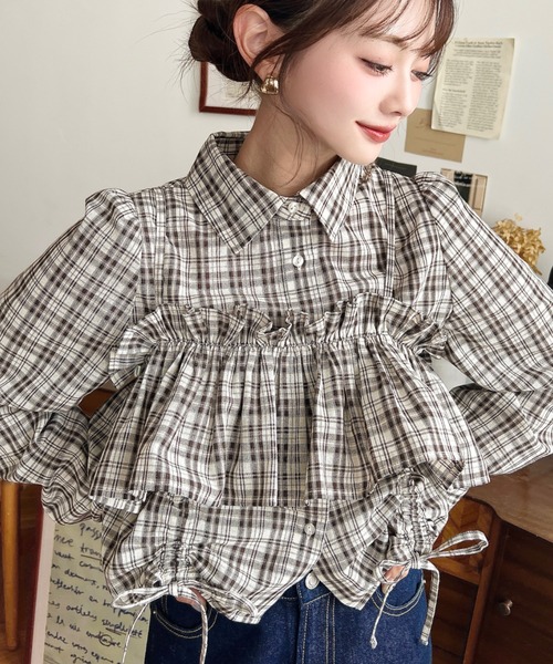 moment+ ブラウス シャツ フリルビスチェセット裾ドロストリボン長袖