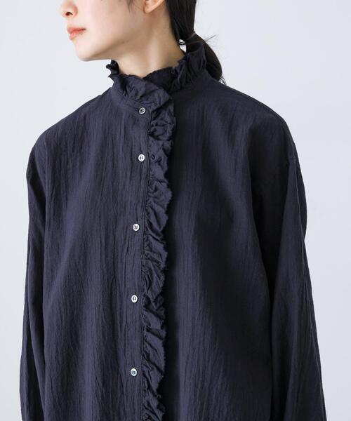 かぐれ ブラウス シャツ コットンリネンフリルカラーシャツ レディース
