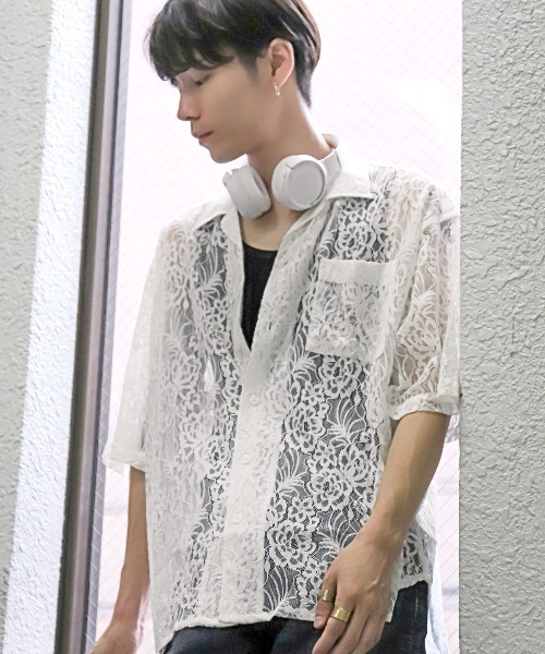 LUXSTYLE（ラグスタイル） シャツ フラワーレース開襟半袖シアーシャツ