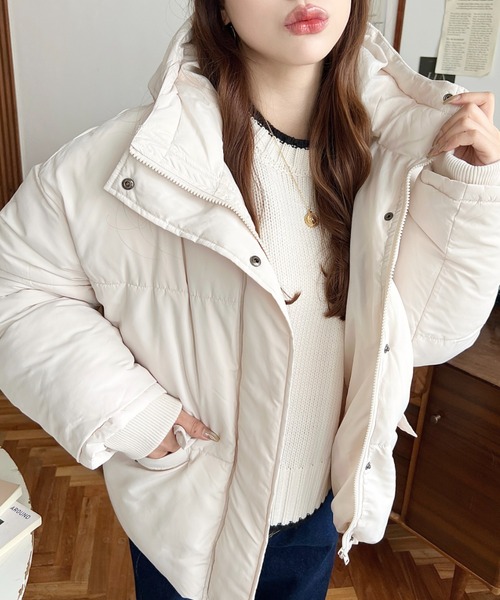 moment+ ダウンコート ダウンジャケット ファイバーダウン袖リブフード