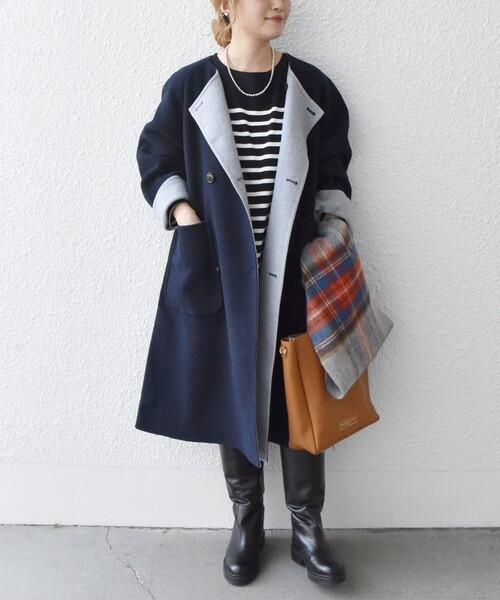 SHIPS any ノーカラーコート コート any: リバーシブル フロントダブル