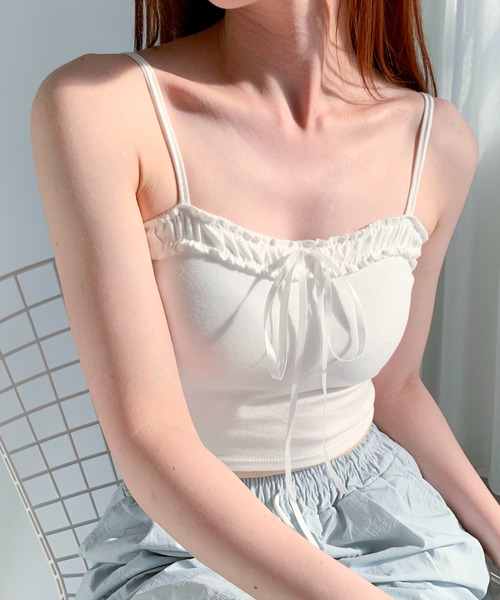 キャミソール フリルビッグリボン ショート リブキャミソール