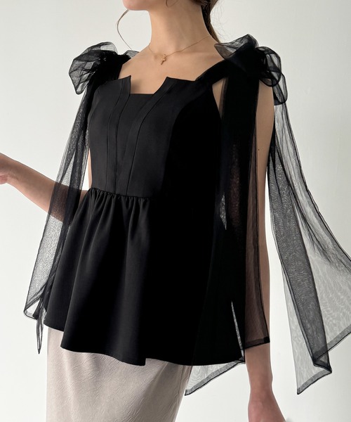 JUNOAH（ジュノア） キャミソール チュールリボンキャミフレアビスチェ