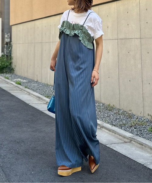 mi via loca サロペット オーバーオール フリルギャザー ストライプ