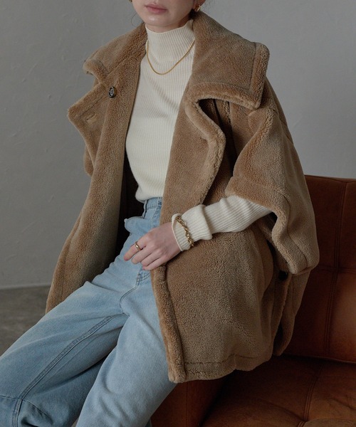 r.（アールドット） ポンチョ テディボア ケープコート レディース