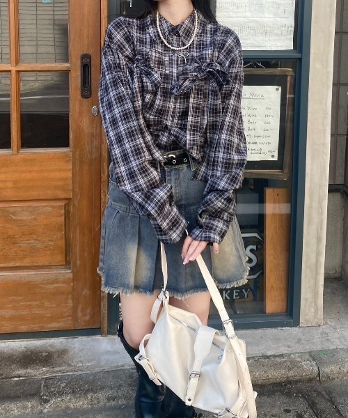 nemne（ネンネ） ブラウス シャツ 「Seoup」チェック柄ギャザーリボン