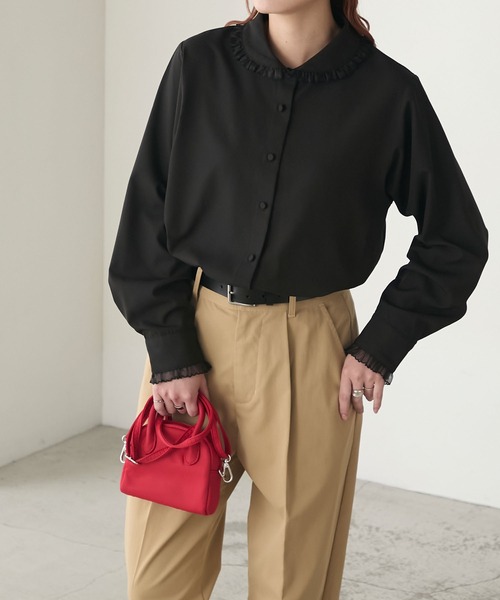 BONLECILL（ボンルシール） ブラウス シャツ オーガンジーフリル丸襟