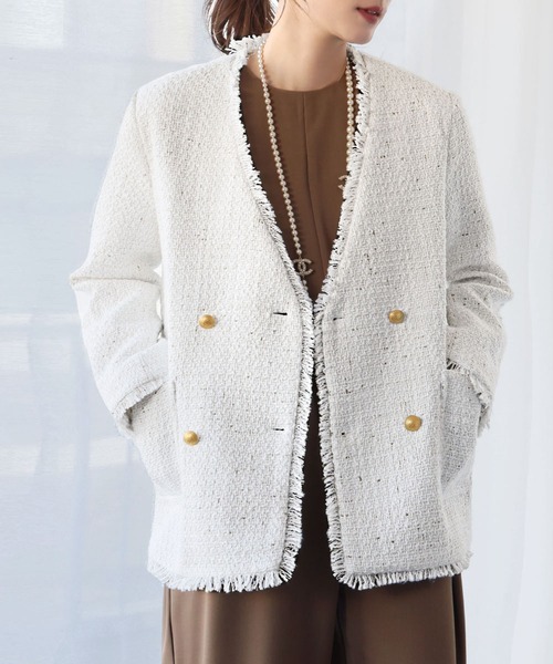 ELFRANK ジャケット ノーカラージャケット ツイードフリンジノーカラー