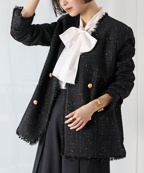 ELFRANK ジャケット ノーカラージャケット ツイードフリンジノーカラー