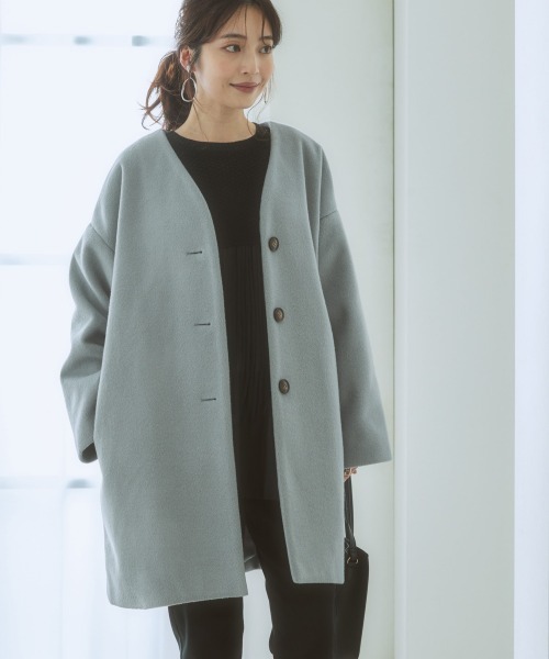 ニッセン（nissen） ノーカラーコート S サックスブルー レディース