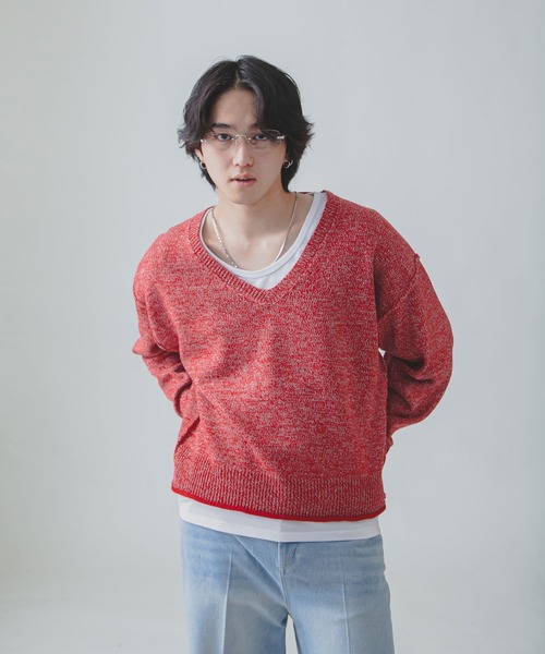 ZIP FIVE -White Line- セーター ニット 「White Line」 杢 Vネック