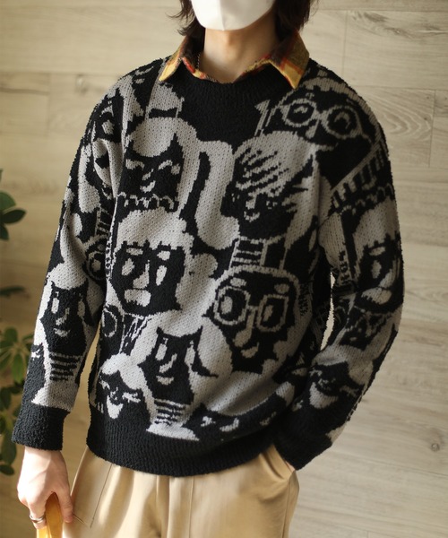 セーター ニット 「HOOK」いろんな顔総柄ニット風スウェット メンズ