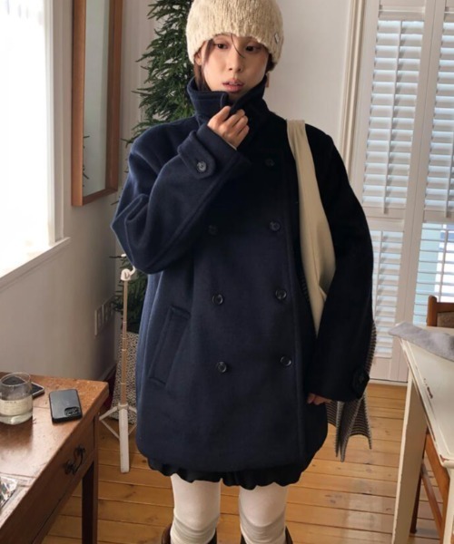 ピーコート pコート ダブルブレスト高襟モールコート レディース