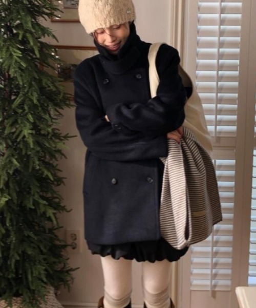 ピーコート pコート ダブルブレスト高襟モールコート レディース