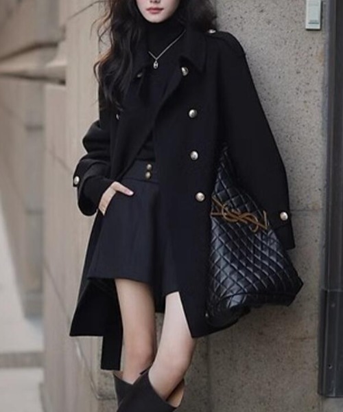 ピーコート pコート ダブルブレストベルト付きミドルレングスコート