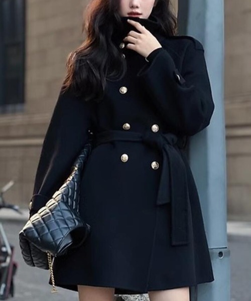 ピーコート pコート ダブルブレストベルト付きミドルレングスコート