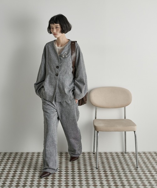 THE Yon ジャケット ノーカラージャケット ノーカラーペプラムツイード