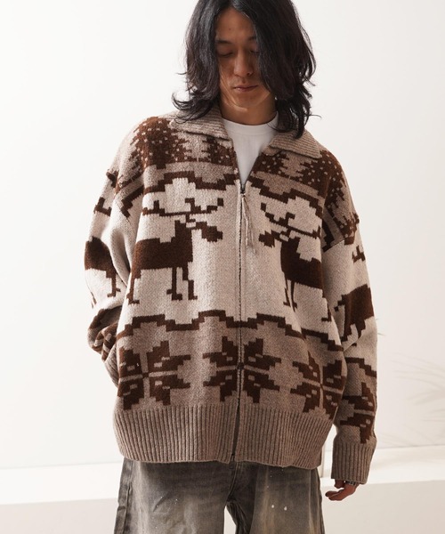 カーディガン ダブルZIP ノルディック ルーズ カウチンニット / Double