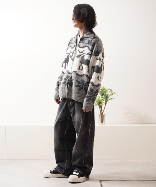 カーディガン ダブルZIP ノルディック ルーズ カウチンニット / Double