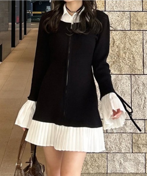 rienda（リエンダ） ワンピース レイヤードパターンシャツニットミニ