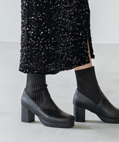 menue（メヌエ） ブーツ プラットフォーム リブニットソックスブーツ