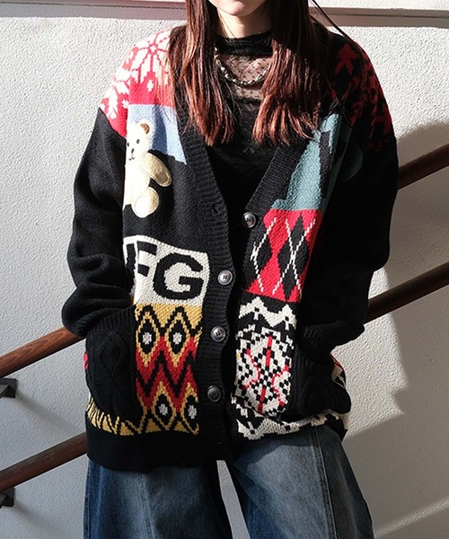 カーディガン 「HOOK」パッチワーク柄ニットカーディガン メンズ