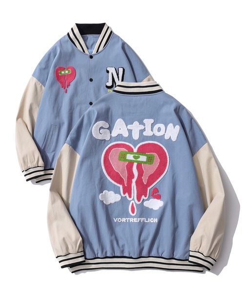 スタジャン 「HOOK」アメカジ袖配色切り替えドッキングブルゾン