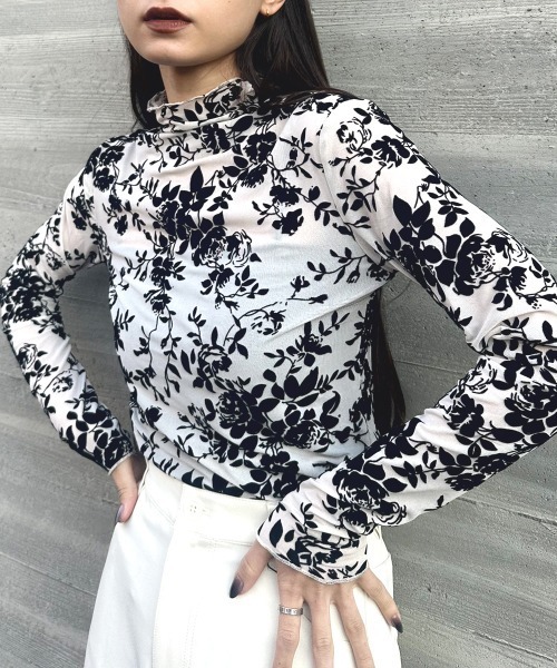 SEN TOKYO tシャツ 花柄 ハイネック シアー プルオーバー レディース