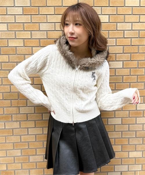 パーカー 「ケーブル編み×ファーフード」ダブルZIPニットパーカー