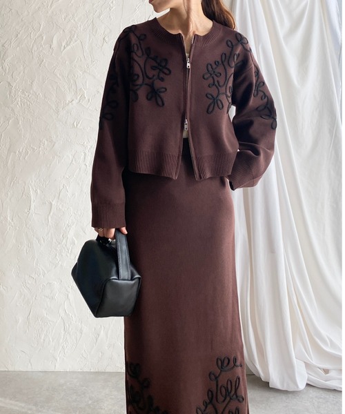 She's Closet セットアップ コード刺繍ライン柄長袖ジップニット