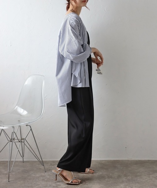 ＆HALF ブラウス シャツ ストライプ袖シャーリングブラウス レディース