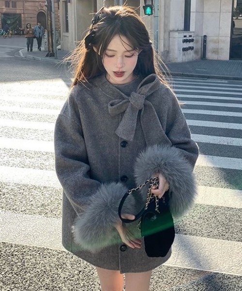 ViViDAY ピーコート pコート 襟リボン ふわふわエコファー付き袖口