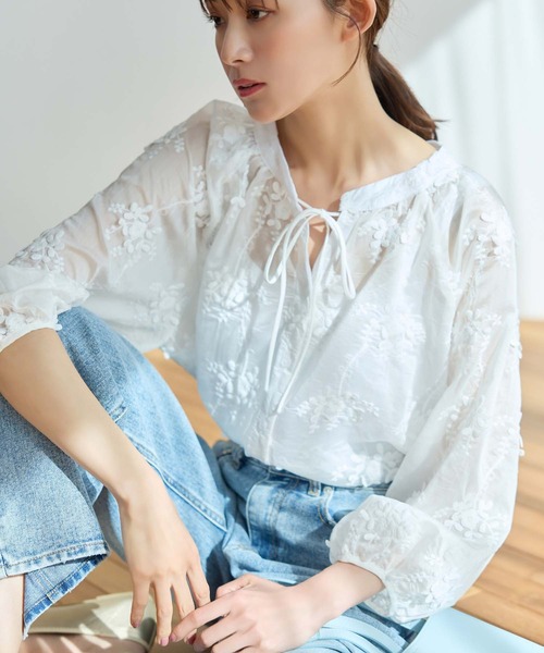 fifth（フィフス） ブラウス シャツ フラワー刺繍シアーブラウス