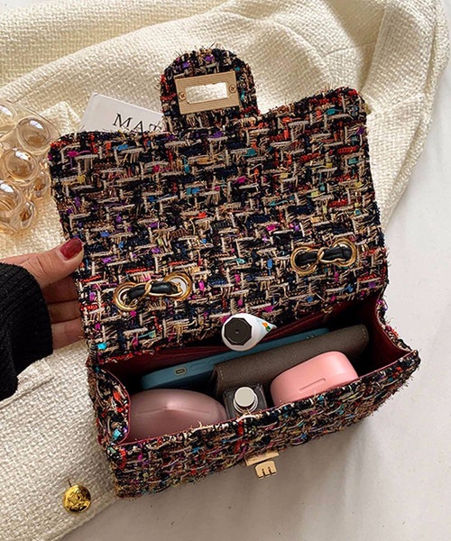 ショルダーバッグ バッグ ツイードフラップチェーン ミニショルダー