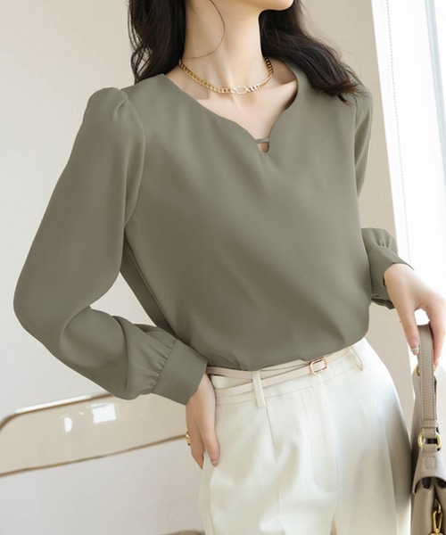 MILAE ブラウス シャツ キーネックプルオーバーシャツブラウス