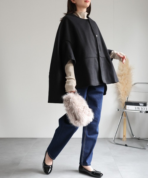 sakishimatokyo ポンチョ フェイクウール ノーカラーケープコート