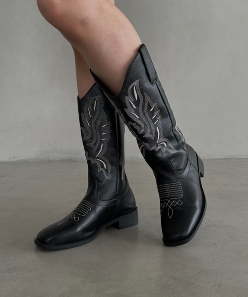ブーツ 刺繍 ウエスタンミドルブーツ アメカジブーツ レディース